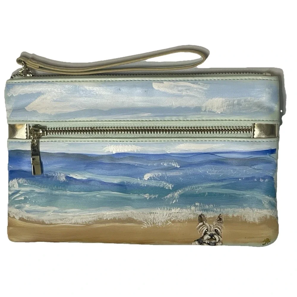 White House Black Market Hand Painted Yorkie Beach Scene Wristlet Wallet - Picture 2 of 7